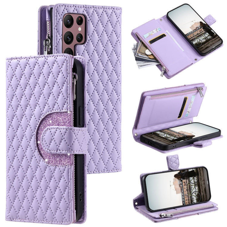 For Samsung Galaxy S22 Ultra 5G Glitter Lattice Zipper Wallet Leather Phone Case(Purple) - HoMEdemic™ 
