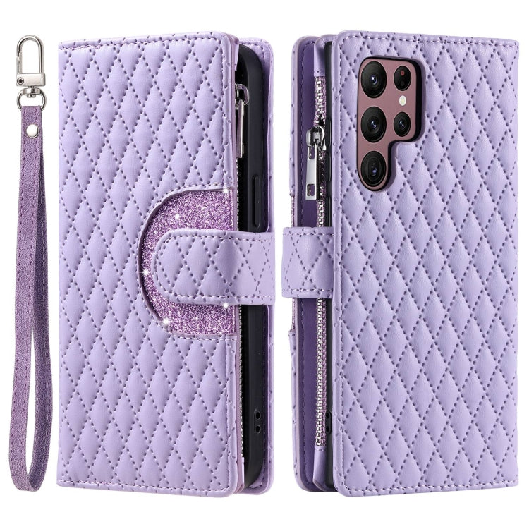 For Samsung Galaxy S22 Ultra 5G Glitter Lattice Zipper Wallet Leather Phone Case(Purple) - HoMEdemic™ 