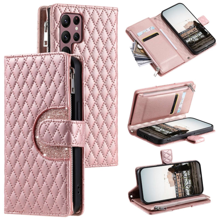 For Samsung Galaxy S22 Ultra 5G Glitter Lattice Zipper Wallet Leather Phone Case(Rose Gold) - HoMEdemic™ 