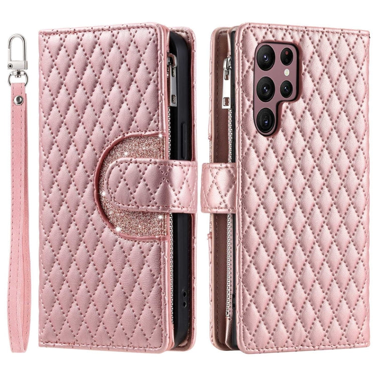 For Samsung Galaxy S22 Ultra 5G Glitter Lattice Zipper Wallet Leather Phone Case(Rose Gold) - HoMEdemic™ 