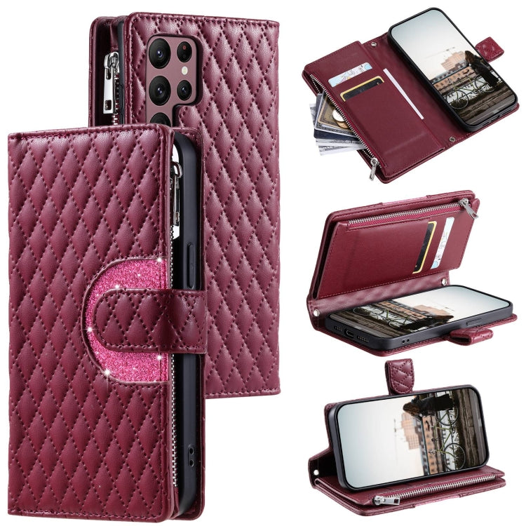 For Samsung Galaxy S22 Ultra 5G Glitter Lattice Zipper Wallet Leather Phone Case(Wine Red) - HoMEdemic™ 