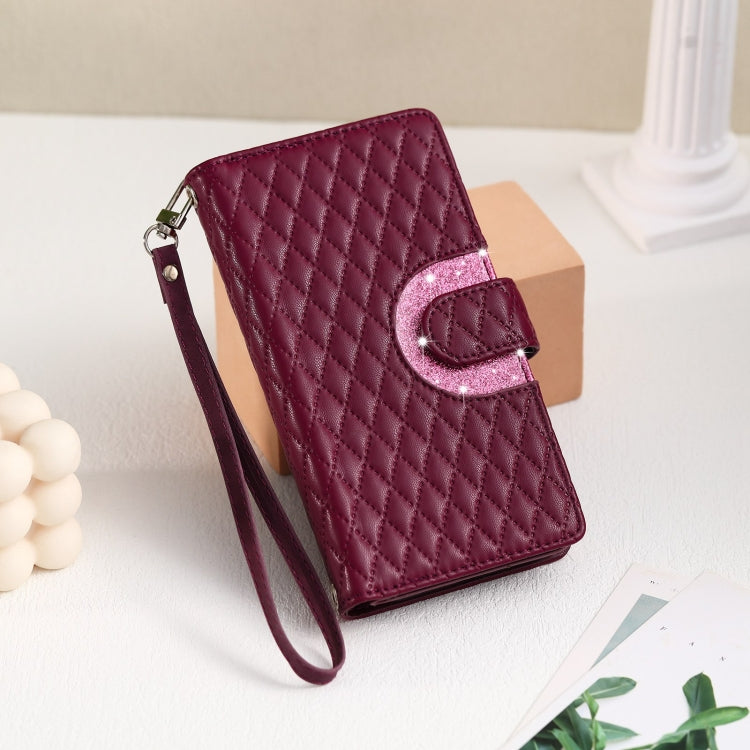 For Samsung Galaxy S22 Ultra 5G Glitter Lattice Zipper Wallet Leather Phone Case(Wine Red) - HoMEdemic™ 