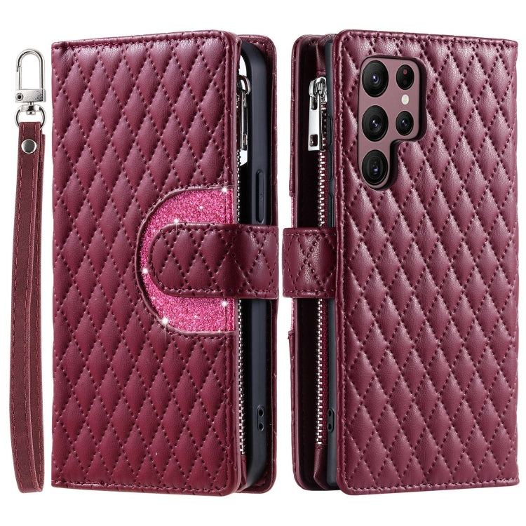 For Samsung Galaxy S22 Ultra 5G Glitter Lattice Zipper Wallet Leather Phone Case(Wine Red) - HoMEdemic™ 