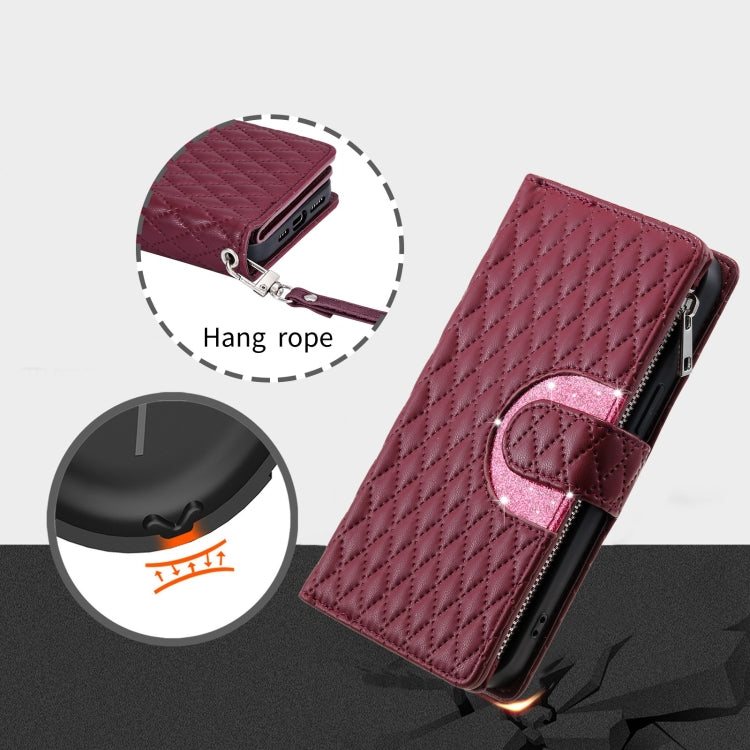For Samsung Galaxy S22 Ultra 5G Glitter Lattice Zipper Wallet Leather Phone Case(Wine Red) - HoMEdemic™ 