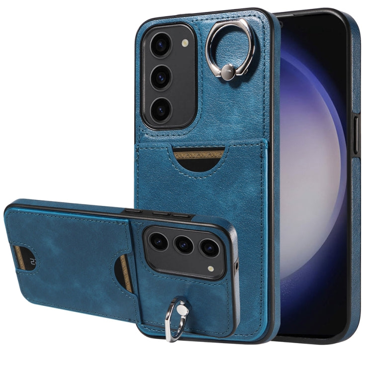 For Samsung Galaxy S23+ 5G Calf Texture Card Slot Ring Holder Phone Case(Blue) - HoMEdemic™ 