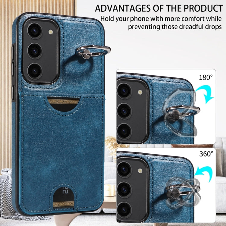 For Samsung Galaxy S23+ 5G Calf Texture Card Slot Ring Holder Phone Case(Blue) - HoMEdemic™ 