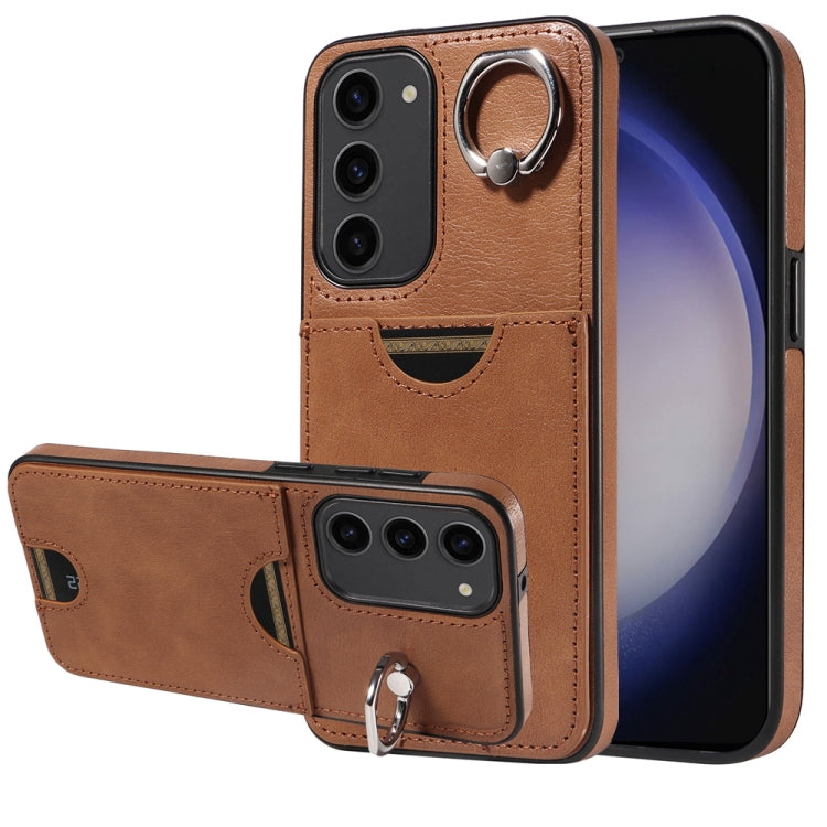 For Samsung Galaxy S23+ 5G Calf Texture Card Slot Ring Holder Phone Case(Brown) - HoMEdemic™ 
