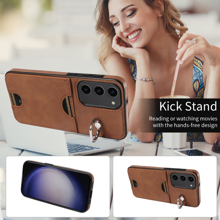 For Samsung Galaxy S23+ 5G Calf Texture Card Slot Ring Holder Phone Case(Brown) - HoMEdemic™ 