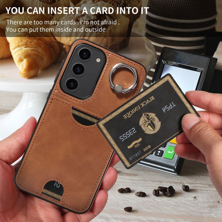 For Samsung Galaxy S23+ 5G Calf Texture Card Slot Ring Holder Phone Case(Brown) - HoMEdemic™ 