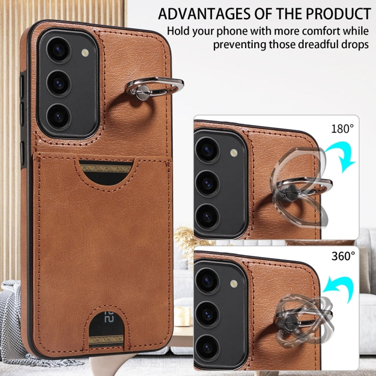 For Samsung Galaxy S23+ 5G Calf Texture Card Slot Ring Holder Phone Case(Brown) - HoMEdemic™ 