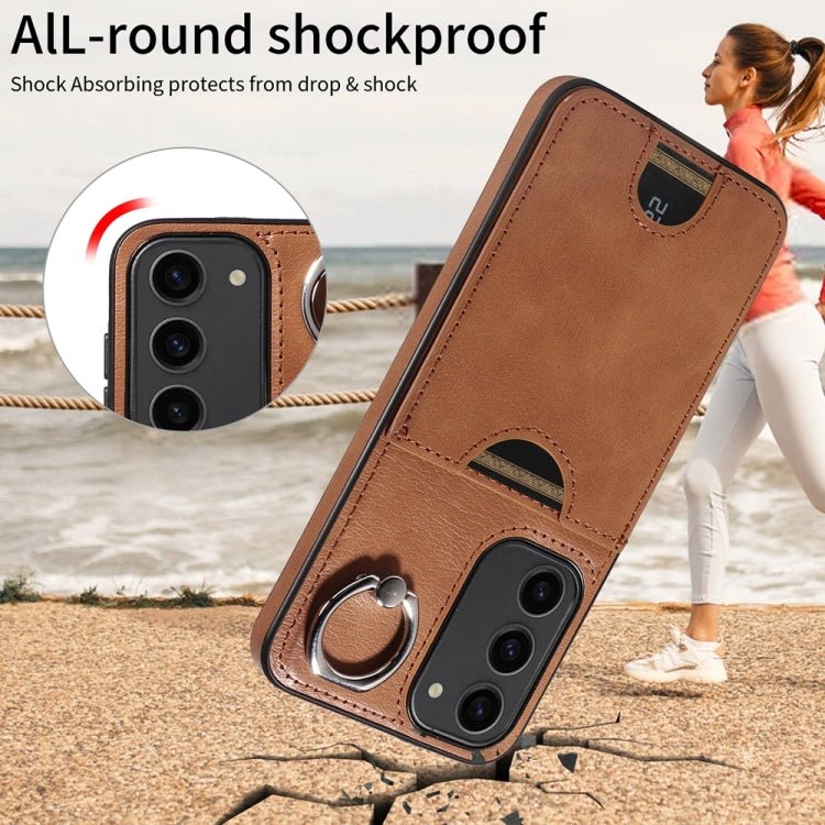 For Samsung Galaxy S23+ 5G Calf Texture Card Slot Ring Holder Phone Case(Brown) - HoMEdemic™ 