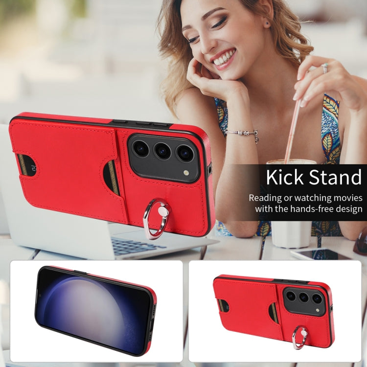 For Samsung Galaxy S23+ 5G Calf Texture Card Slot Ring Holder Phone Case(Red) - HoMEdemic™ 