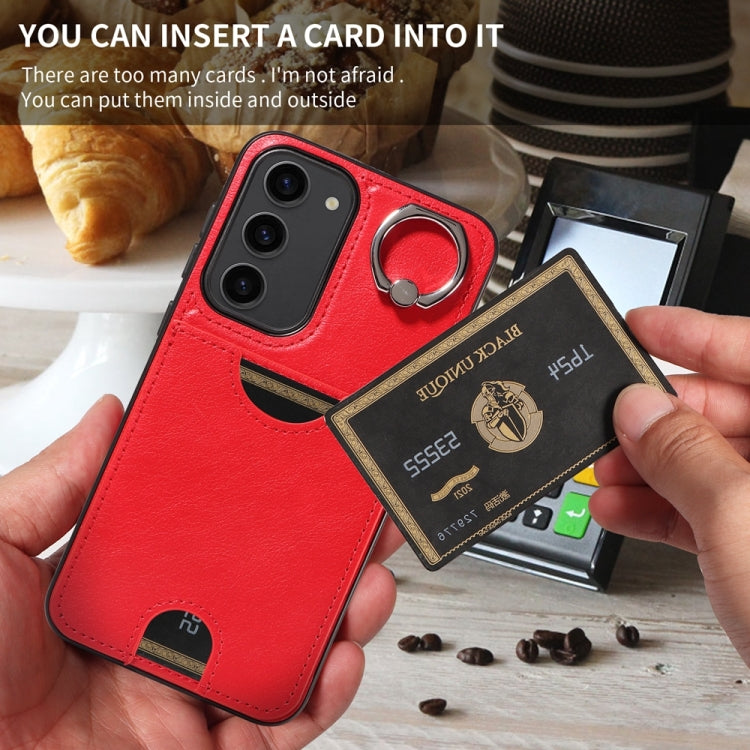 For Samsung Galaxy S23+ 5G Calf Texture Card Slot Ring Holder Phone Case(Red) - HoMEdemic™ 