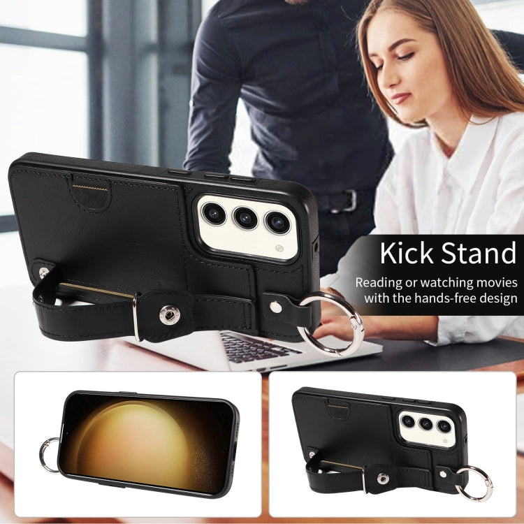 For Samsung Galaxy S23+ 5G Calf Texture Wrist Card Slot Ring Phone Case(Black) - HoMEdemic™ 