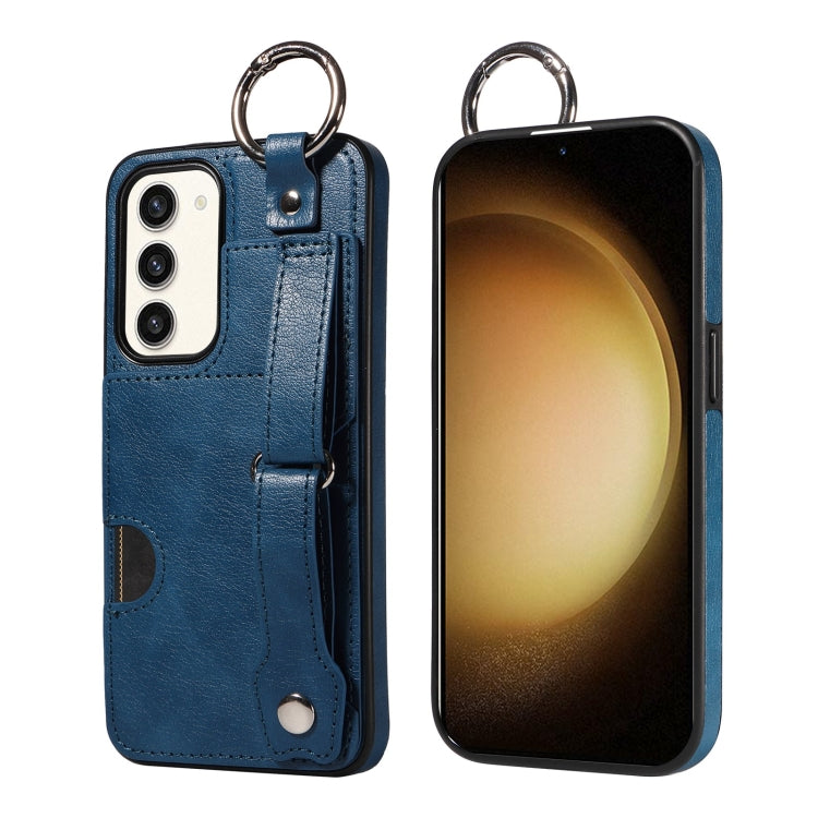 For Samsung Galaxy S23+ 5G Calf Texture Wrist Card Slot Ring Phone Case(Blue) - HoMEdemic™ 