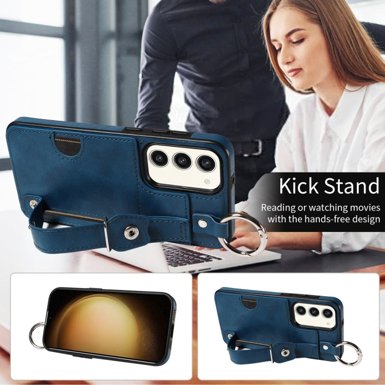 For Samsung Galaxy S23+ 5G Calf Texture Wrist Card Slot Ring Phone Case(Blue) - HoMEdemic™ 