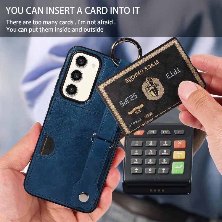 For Samsung Galaxy S23+ 5G Calf Texture Wrist Card Slot Ring Phone Case(Blue) - HoMEdemic™ 
