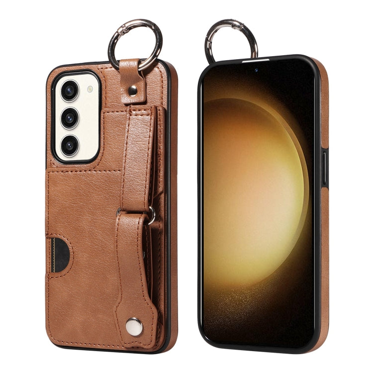 For Samsung Galaxy S23+ 5G Calf Texture Wrist Card Slot Ring Phone Case(Brown) - HoMEdemic™ 