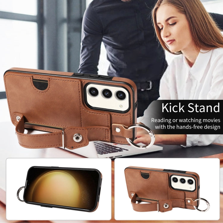 For Samsung Galaxy S23+ 5G Calf Texture Wrist Card Slot Ring Phone Case(Brown) - HoMEdemic™ 