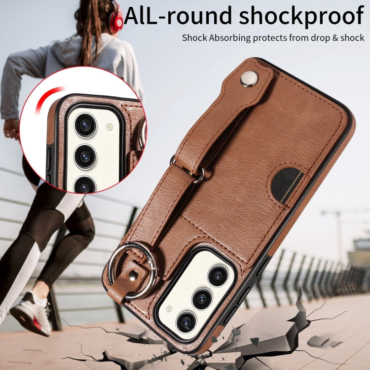 For Samsung Galaxy S23+ 5G Calf Texture Wrist Card Slot Ring Phone Case(Brown) - HoMEdemic™ 