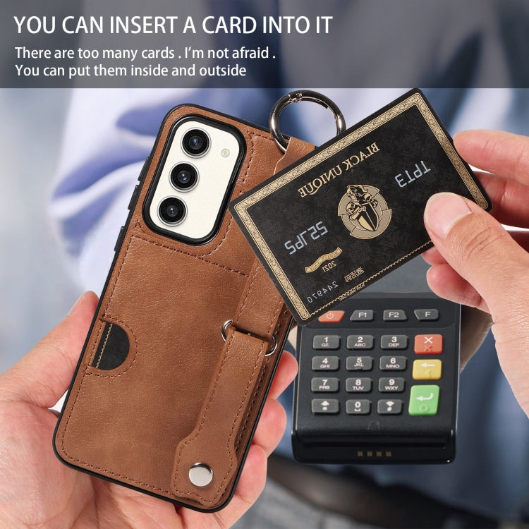 For Samsung Galaxy S23+ 5G Calf Texture Wrist Card Slot Ring Phone Case(Brown) - HoMEdemic™ 