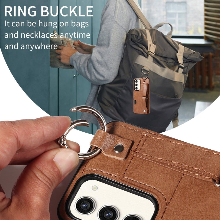 For Samsung Galaxy S23+ 5G Calf Texture Wrist Card Slot Ring Phone Case(Brown) - HoMEdemic™ 