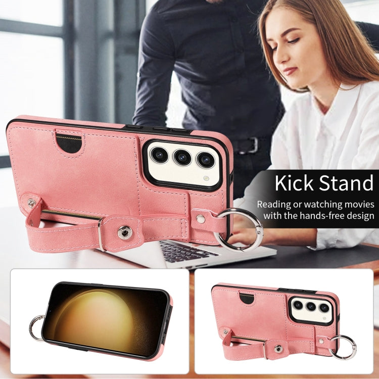 For Samsung Galaxy S23+ 5G Calf Texture Wrist Card Slot Ring Phone Case(Pink) - HoMEdemic™ 