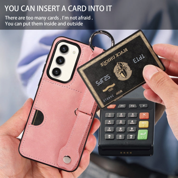 For Samsung Galaxy S23+ 5G Calf Texture Wrist Card Slot Ring Phone Case(Pink) - HoMEdemic™ 