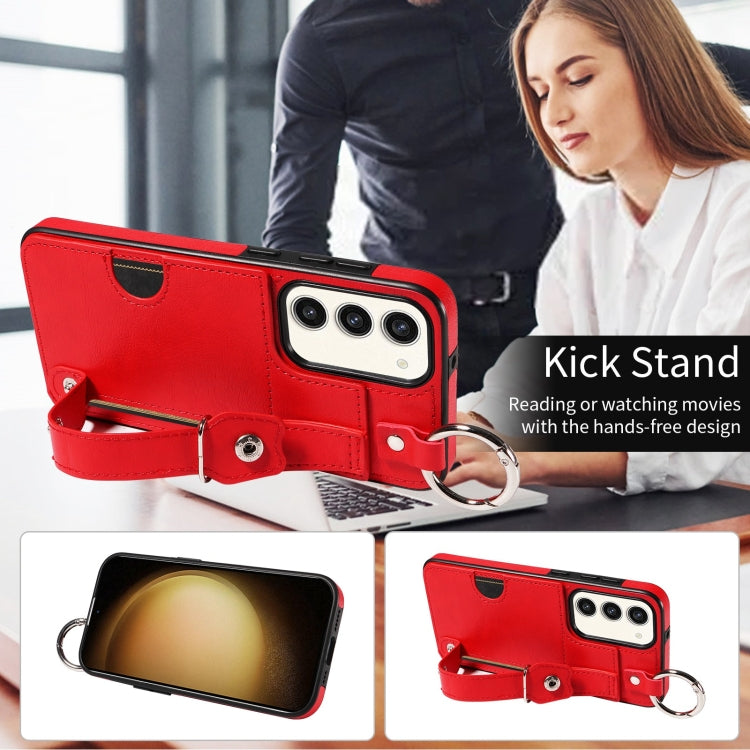 For Samsung Galaxy S23+ 5G Calf Texture Wrist Card Slot Ring Phone Case(Red) - HoMEdemic™ 