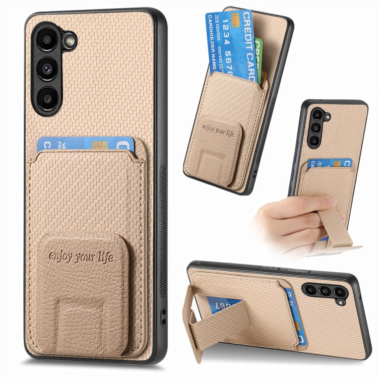 For Samsung Galaxy S23+ 5G Carbon Fiber Card Bag Fold Stand Phone Case(Khaki) - HoMEdemic™ 