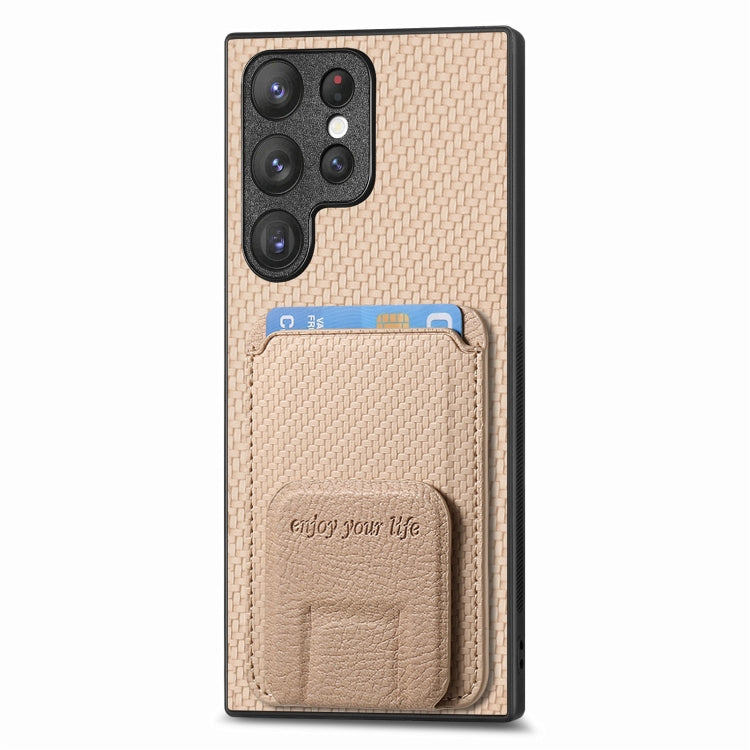 For Samsung Galaxy S23+ 5G Carbon Fiber Card Bag Fold Stand Phone Case(Khaki) - HoMEdemic™ 
