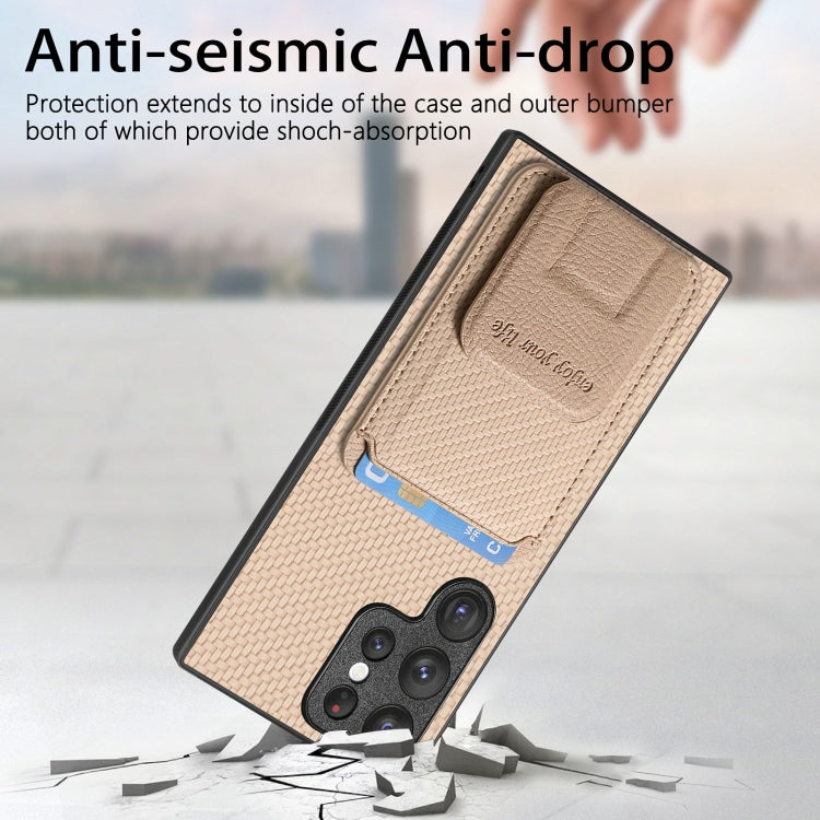 For Samsung Galaxy S23+ 5G Carbon Fiber Card Bag Fold Stand Phone Case(Khaki) - HoMEdemic™ 