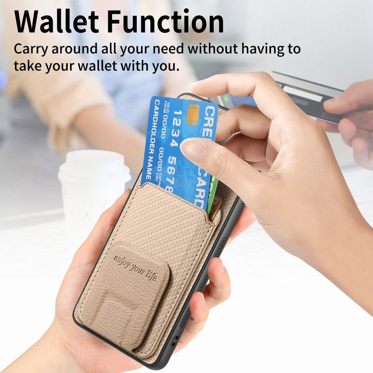 For Samsung Galaxy S23+ 5G Carbon Fiber Card Bag Fold Stand Phone Case(Khaki) - HoMEdemic™ 