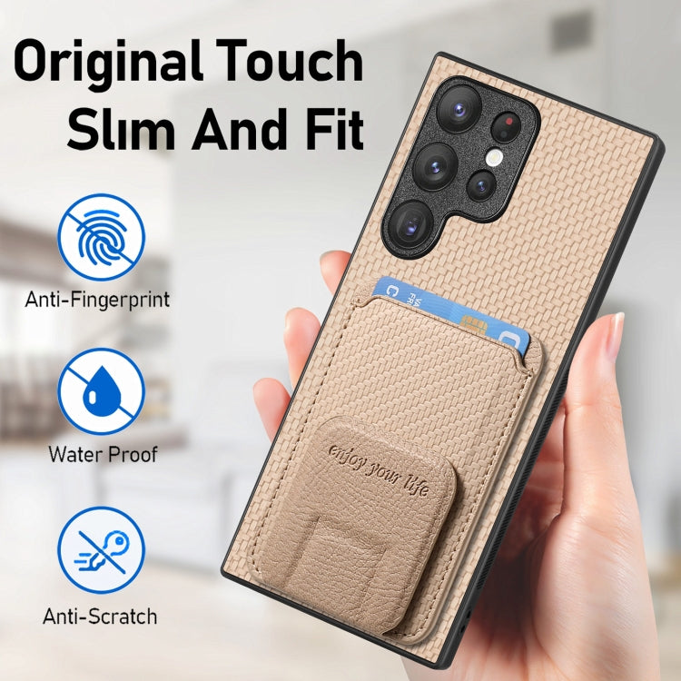 For Samsung Galaxy S23+ 5G Carbon Fiber Card Bag Fold Stand Phone Case(Khaki) - HoMEdemic™ 
