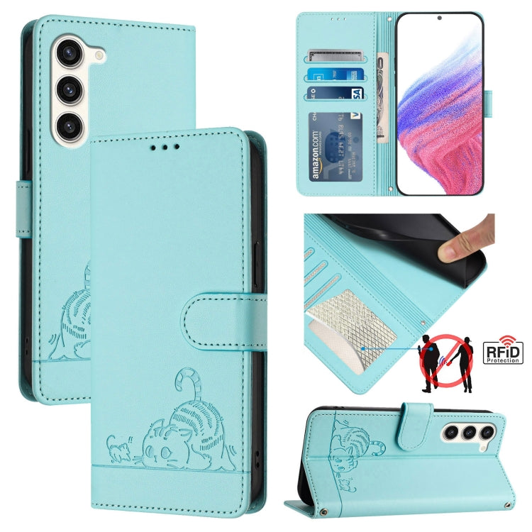 For Samsung Galaxy S23+ 5G Cat Rat Embossed Pattern RFID Leather Phone Case with Lanyard(Mint Green) - HoMEdemic™ 