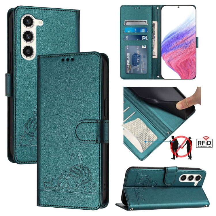 For Samsung Galaxy S23+ 5G Cat Rat Embossed Pattern RFID Leather Phone Case with Lanyard(Peacock Green) - HoMEdemic™ 