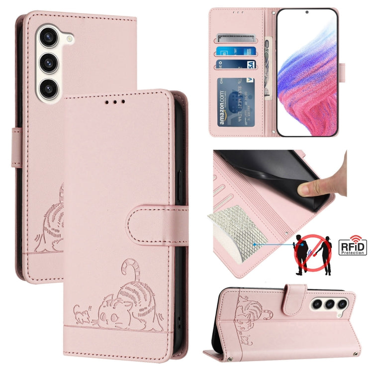 For Samsung Galaxy S23+ 5G Cat Rat Embossed Pattern RFID Leather Phone Case with Lanyard(Pink) - HoMEdemic™ 