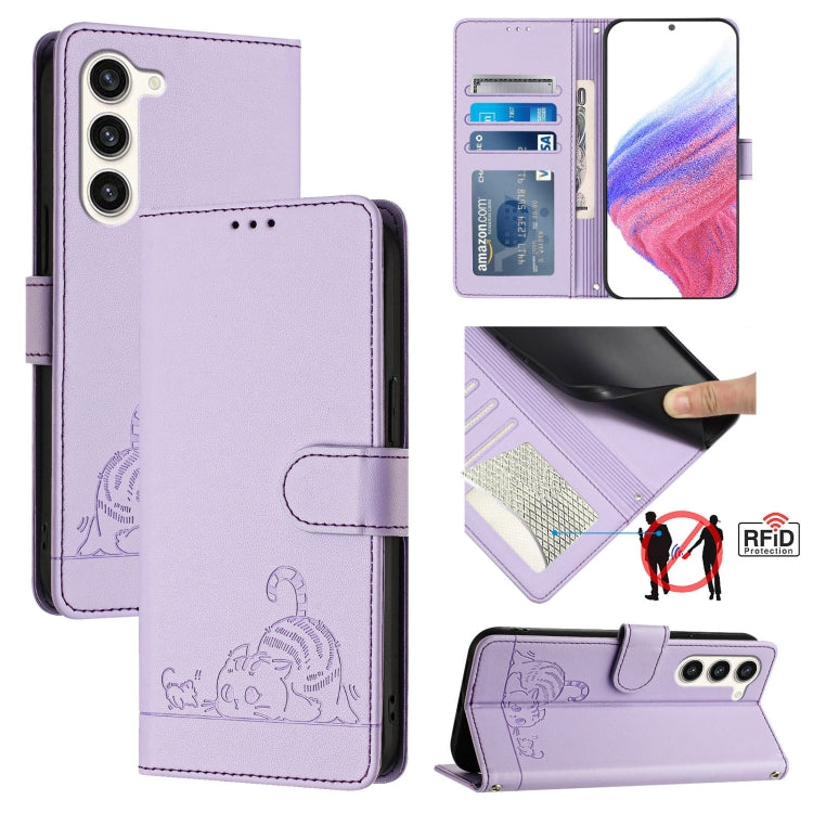 For Samsung Galaxy S23+ 5G Cat Rat Embossed Pattern RFID Leather Phone Case with Lanyard(Purple) - HoMEdemic™ 