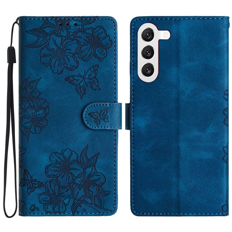 For Samsung Galaxy S23+ 5G Cherry Blossom Butterfly Skin Feel Embossed PU Phone Case(Blue) - HoMEdemic™ 
