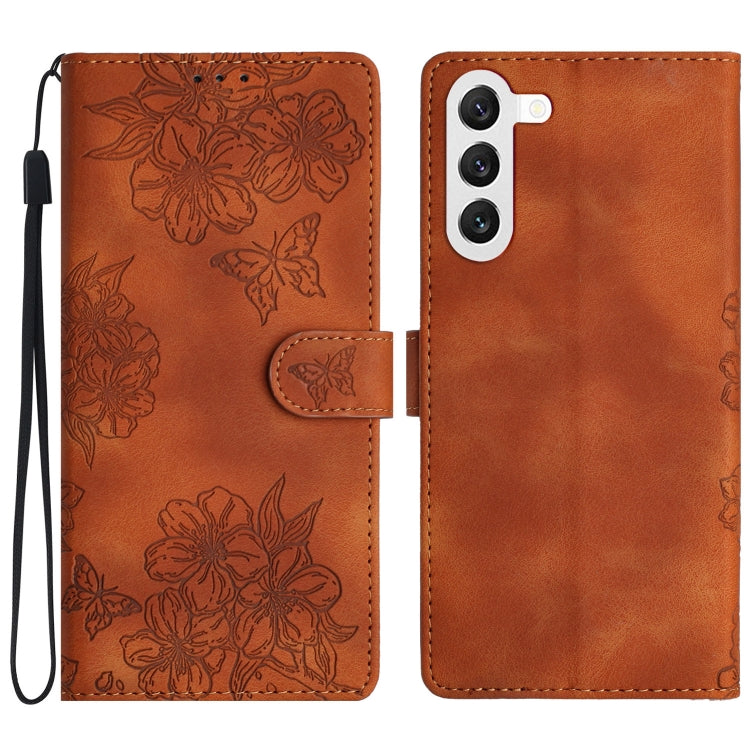 For Samsung Galaxy S23+ 5G Cherry Blossom Butterfly Skin Feel Embossed PU Phone Case(Brown) - HoMEdemic™ 