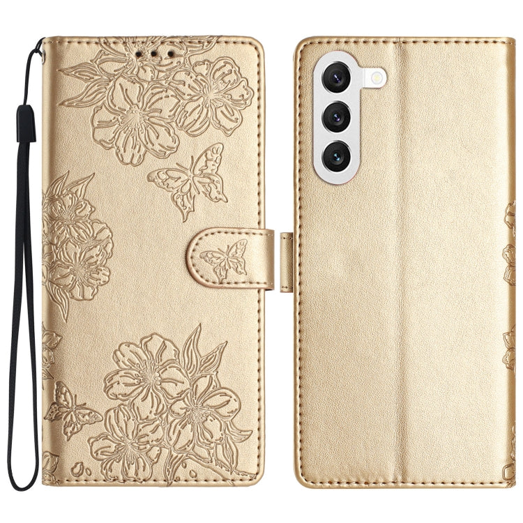 For Samsung Galaxy S23+ 5G Cherry Blossom Butterfly Skin Feel Embossed PU Phone Case(Gold) - HoMEdemic™ 