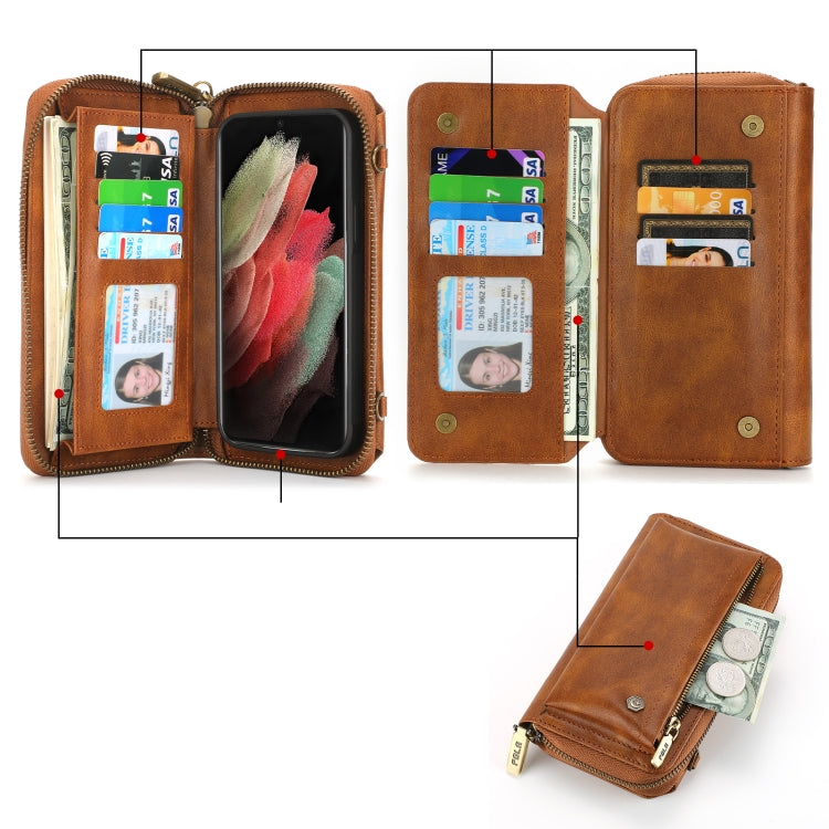 For Samsung Galaxy S23+ 5G Crossbody Multi-functional Zipper Wallet Leather Phone Case(Brown) - HoMEdemic™ 