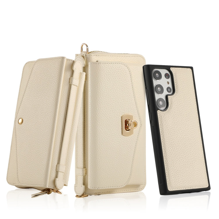 For Samsung Galaxy S23+ 5G Crossbody Multi-functional Zipper Wallet Litchi Leather Phone Case(Beige) - HoMEdemic™ 