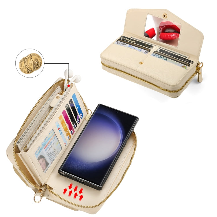 For Samsung Galaxy S23+ 5G Crossbody Multi-functional Zipper Wallet Litchi Leather Phone Case(Beige) - HoMEdemic™ 