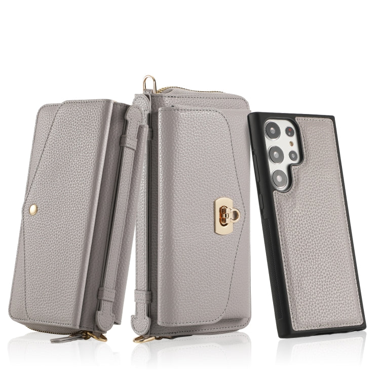 For Samsung Galaxy S23+ 5G Crossbody Multi-functional Zipper Wallet Litchi Leather Phone Case(Grey) - HoMEdemic™ 