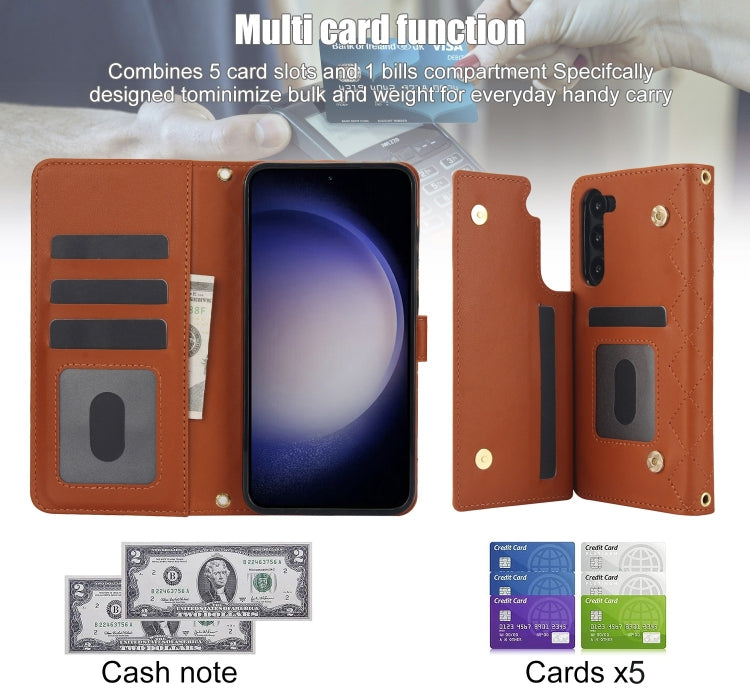 For Samsung Galaxy S23+ 5G Crossbody Multifunction Rhombic Leather Phone Case(Brown) - HoMEdemic™ 