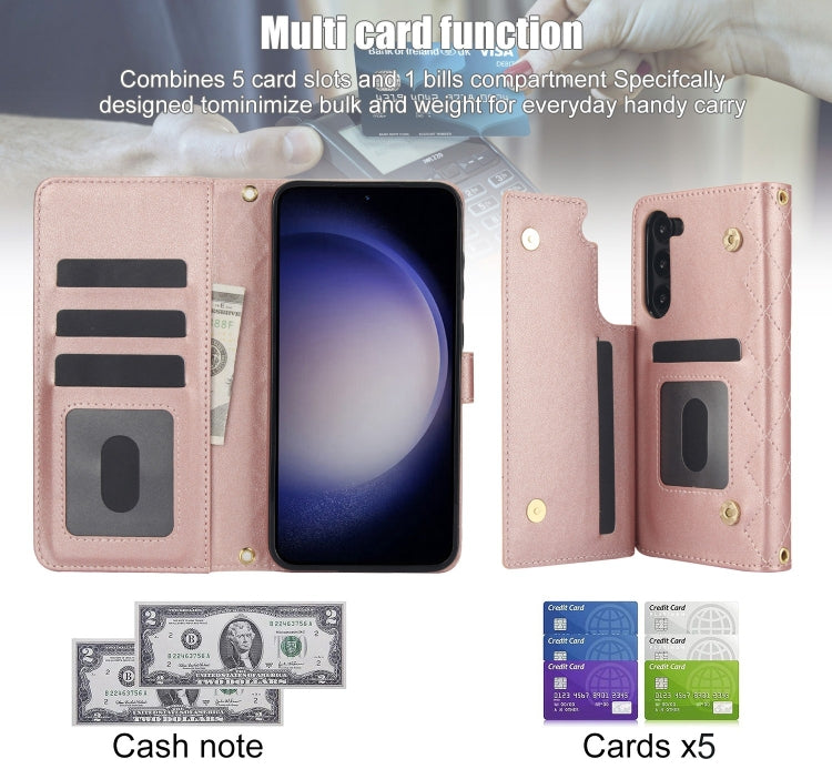 For Samsung Galaxy S23+ 5G Crossbody Multifunction Rhombic Leather Phone Case(Rose Gold) - HoMEdemic™ 