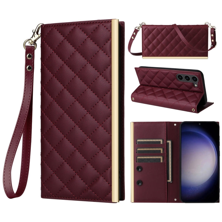 For Samsung Galaxy S23+ 5G Crossbody Rhombic Sucker Leather Phone Case(Claret) - HoMEdemic™ 
