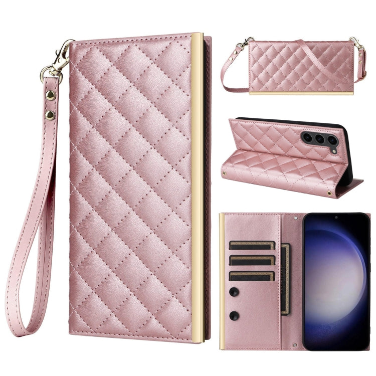 For Samsung Galaxy S23+ 5G Crossbody Rhombic Sucker Leather Phone Case(Rose Gold) - HoMEdemic™ 