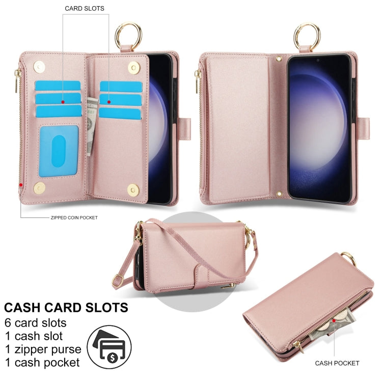 For Samsung Galaxy S23+ 5G Crossbody Ring Multifunctional Wallet Leather Phone Case(Rose Gold) - HoMEdemic™ 